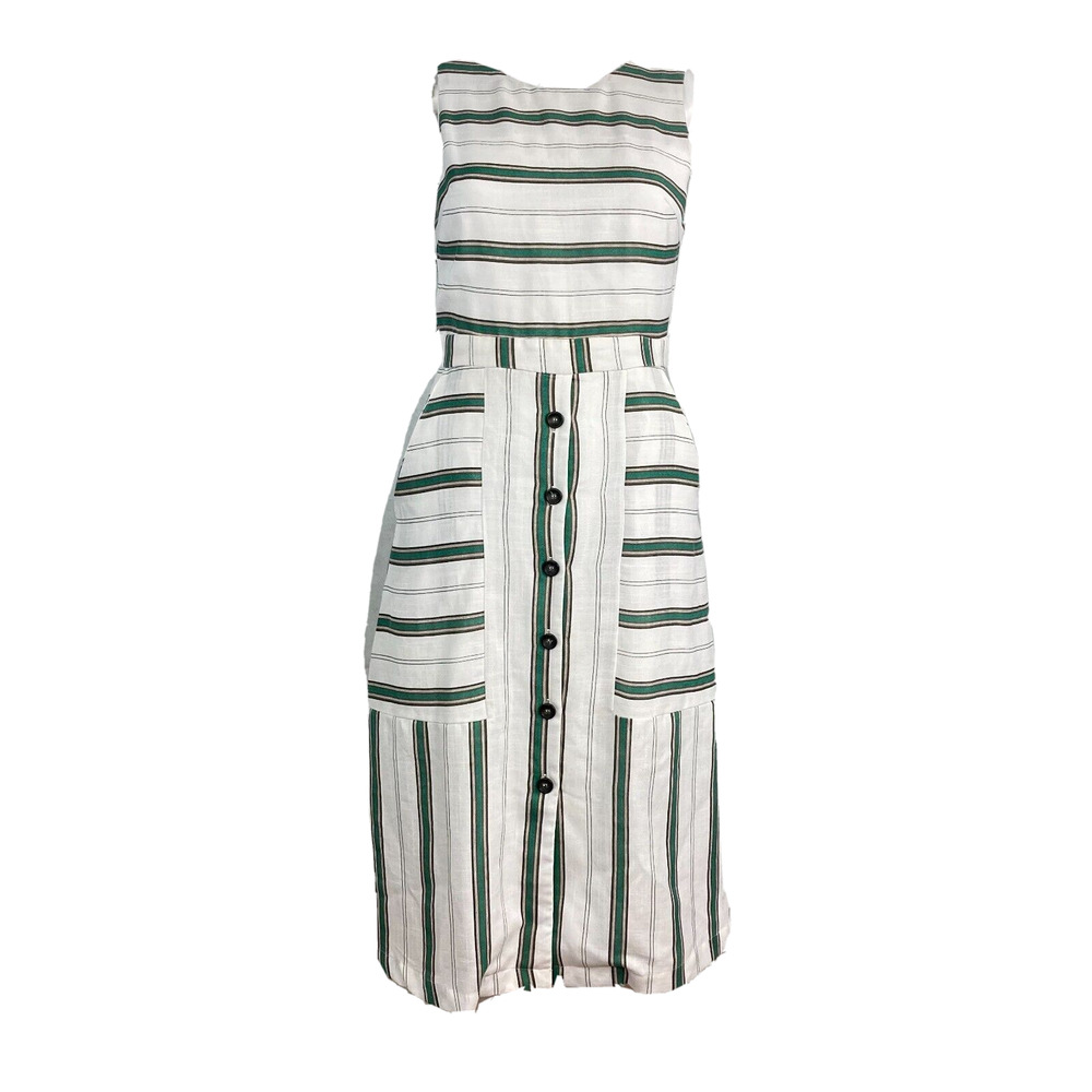 J.O.A. Dress Womens Sz XS White Black Green‎ Striped Sleeveless A Line Midi